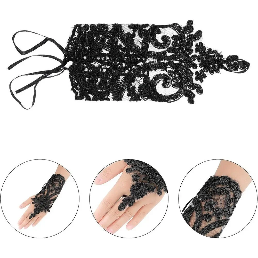 Women's Embroidered Evening Black Short Lace Gloves Halloween Party Prom
